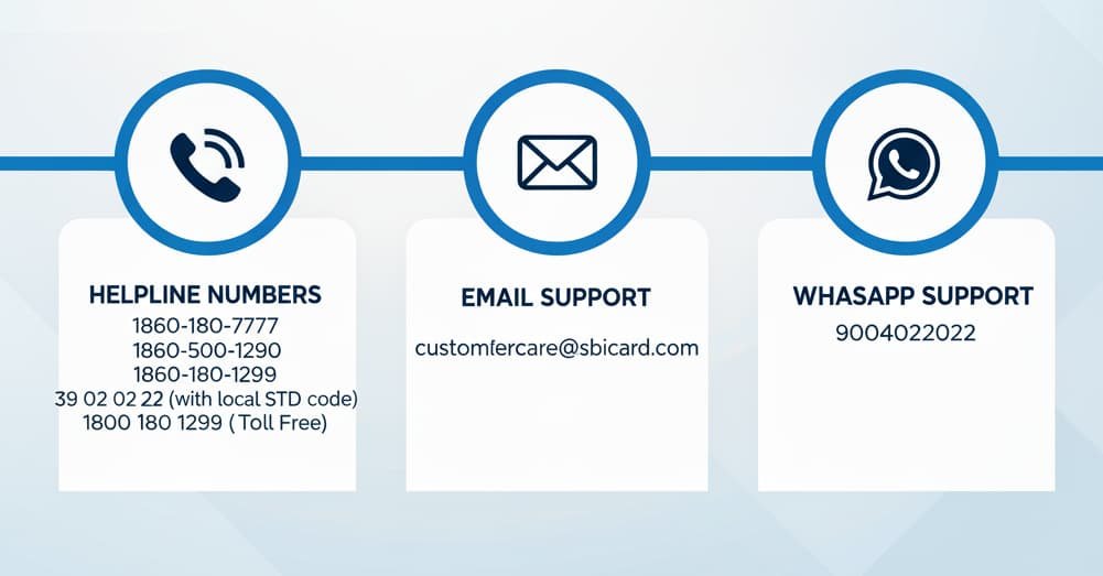 Infographic showing SBI Credit Card Customer Support details, including helpline numbers, email, and WhatsApp contact for assistance