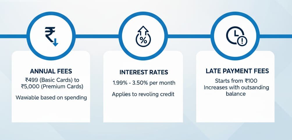 Infographic explaining SBI Credit Card Fees and Charges, including annual fees, interest rates, and late payment fees for different card types
