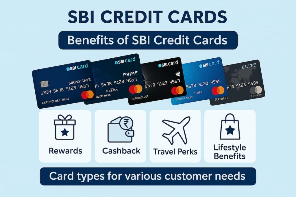 Infographic showcasing the benefits of SBI Credit Cards, including rewards, cashback, travel perks, and lifestyle benefits, along with various card types for different customer needs