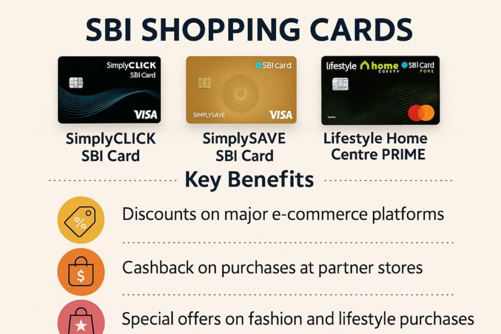 Infographic highlighting the benefits of SBI Shopping Cards, including discounts on e-commerce platforms, rewards at partner stores, and special fashion and lifestyle offers