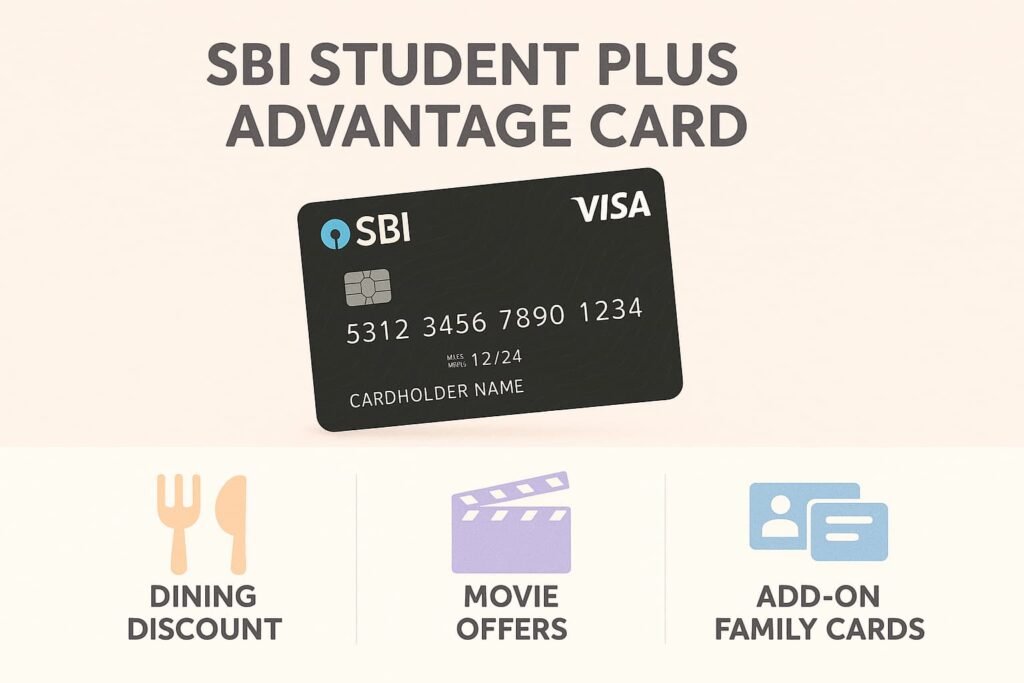 Image showing the features of the SBI Student Plus Advantage Card, including discounts on dining, movies, and free add-on cards