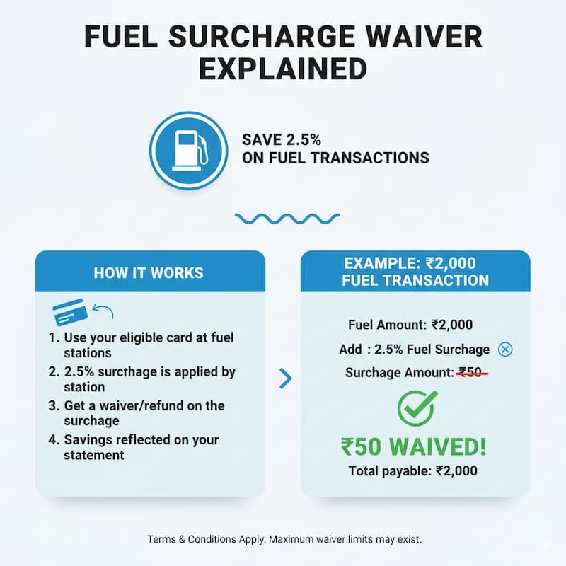 Infographic detailing the 2.5% fuel surcharge waiver benefit of the SBI Student Plus Advantage Credit Card