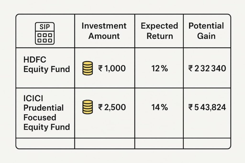 Table comparing SIP investments in HDFC Equity Fund and ICICI Prudential Focused Equity Fund with expected annual returns and potential gains
