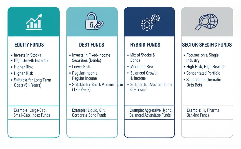 Infographic illustrating different mutual fund categories: Equity, Debt, Hybrid, and Sector-Specific, with their characteristics and suitability