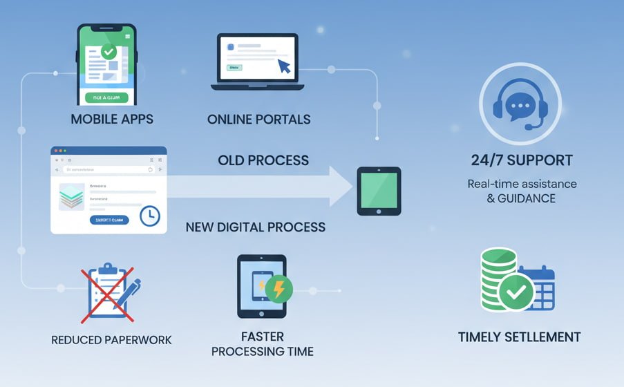Infographic depicting the simplified insurance claims process with icons representing mobile apps, online portals, reduced paperwork, and 24/7 customer support, emphasizing the quicker and more efficient claim submission process
