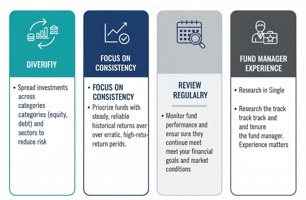 Infographic illustrating smart strategies for using a mutual fund screener: Diversify, Focus on Consistency, Review Regularly, and Consider Fund Manager Experience
