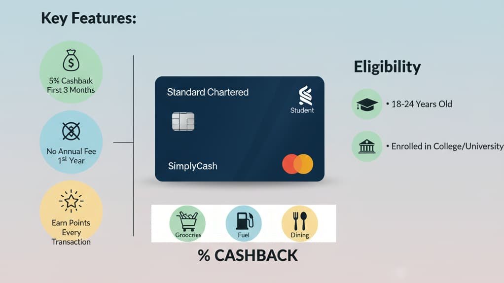 Standard Chartered SimplyCash Credit Card promotional graphic for students, featuring cashback offers, eligibility criteria, and a sleek credit card image