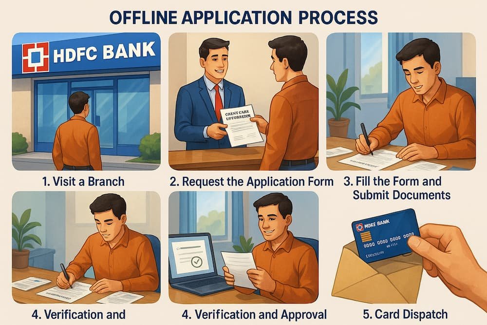 A detailed illustration showing the offline application process for an HDFC Bank credit card. It features five steps: 1) Visiting an HDFC Bank branch, 2) Requesting the application form from a bank representative, 3) Filling out the form and submitting documents, 4) Waiting for verification and approval, 5) Receiving the approved credit card in the mail. Each step is represented by a visual with clear instructions.
