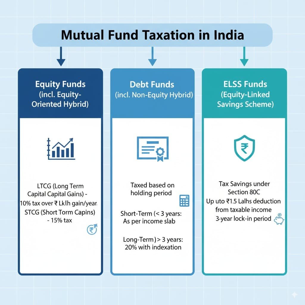 Flowchart summarizing the tax implications of equity funds, debt funds, and ELSS funds in India, including long-term capital gains and tax savings under Section 80C