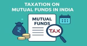 Digital infographic featuring a "MUTUAL FUNDS" document, a magnifying glass highlighting the word "TAX," a money bag with a rupee symbol, gold coins, and a calendar icon, set against a teal background with minimalist design