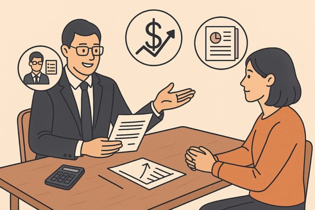 Image of a financial advisor helping a client with investment decisions, emphasizing the importance of personalized advice and comprehensive planning