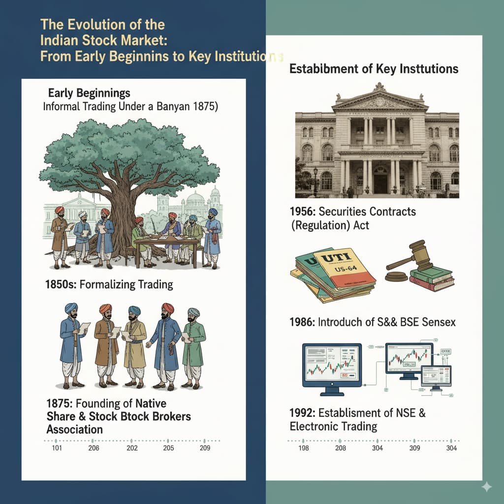 An infographic showcasing the evolution of the Indian stock market, from informal trading in the 1830s to the establishment of key institutions like BSE, NSE, and US-64 mutual fund
