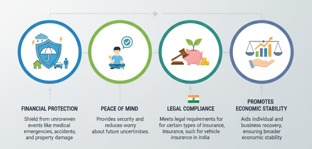 An infographic illustrating the importance of insurance with 5 key points: Financial Protection, Peace of Mind, Legal Compliance, Encouraging Savings, and Promoting Economic Stability. Each point is represented with relevant icons and brief descriptions