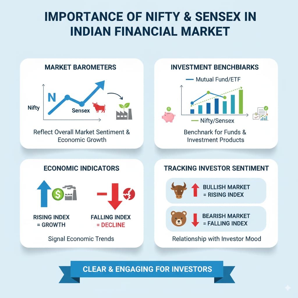 Infographic explaining the importance of Nifty and Sensex as market barometers, investment benchmarks, economic indicators, and tools for tracking investor sentiment