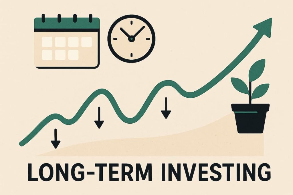 Graph showing the steady growth of long-term investments in mutual funds, with periodic market dips, emphasizing the benefits of staying invested
