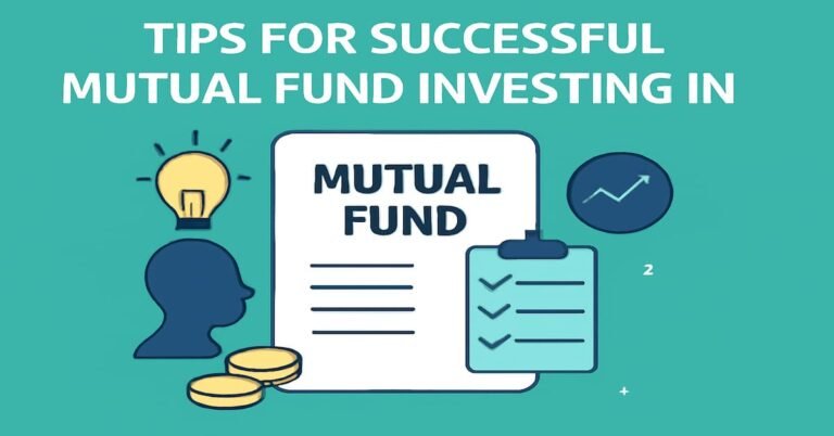 Digital infographic featuring a "MUTUAL FUND" document, a lightbulb icon above a profile silhouette, a clipboard with checkmarks, and a line chart, set against a teal background with modern flat design in navy blue, gold, and green.