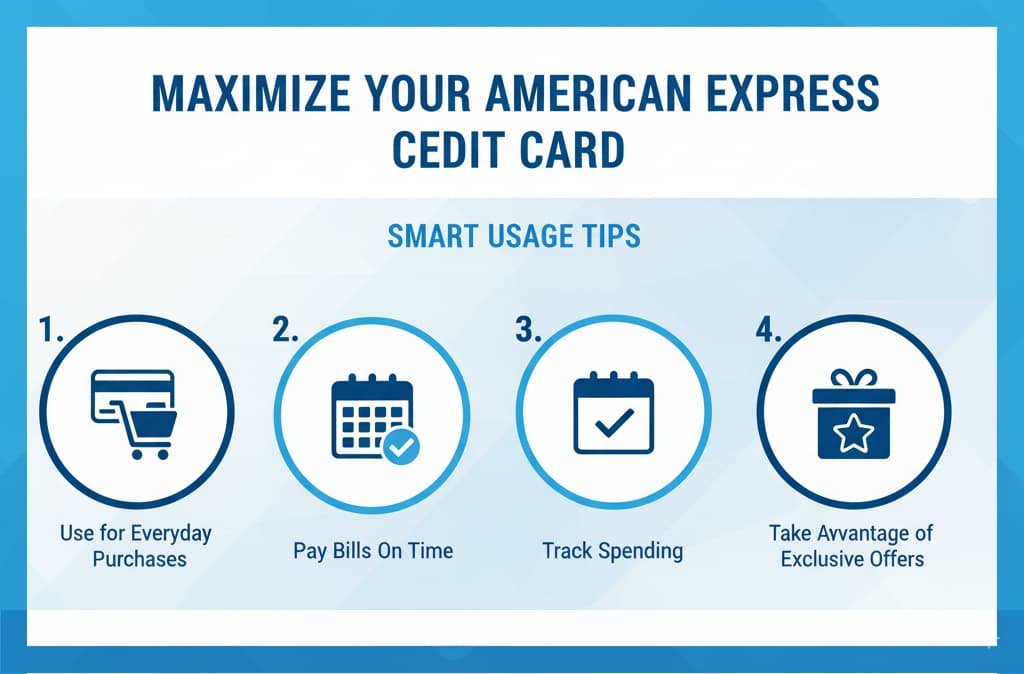 Infographic showing tips to maximize your American Express credit card: Use it for everyday purchases, pay your bills on time, track your spending, and take advantage of exclusive offers.