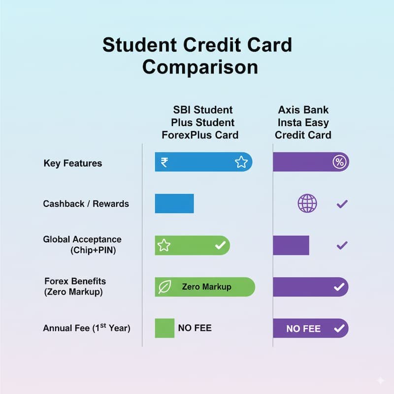 Comparison chart of top student credit cards in India with features like cashback, forex benefits, and discounts