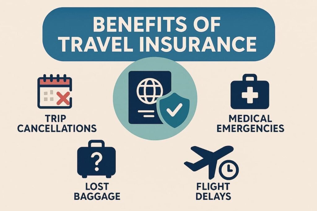 Infographic showcasing the benefits of travel insurance, including coverage for trip cancellations, medical emergencies, lost baggage, and flight delays