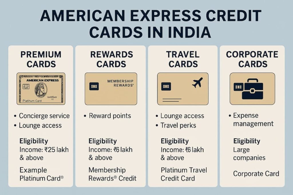 Infographic depicting the four types of American Express credit cards in India: Premium, Rewards, Travel, and Corporate. Each type includes key benefits, examples, and target audiences