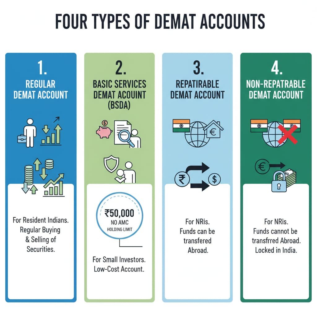 Infographic showing the four types of Demat accounts: Regular, Basic Services (BSDA), Repatriable, and Non-Repatriable, with visuals explaining their key features and differences