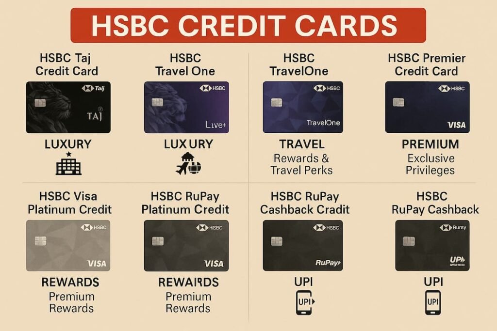 Infographic showcasing the different types of HSBC Credit Cards, including benefits like luxury experiences, travel rewards, cashback, and premium privileges
