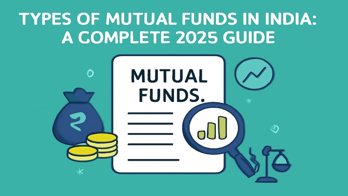 Digital illustration featuring icons related to mutual funds, including a money bag, coins, a magnifying glass with a bar chart, and a line chart, with the document labeled "MUTUAL FUNDS" on a teal background
