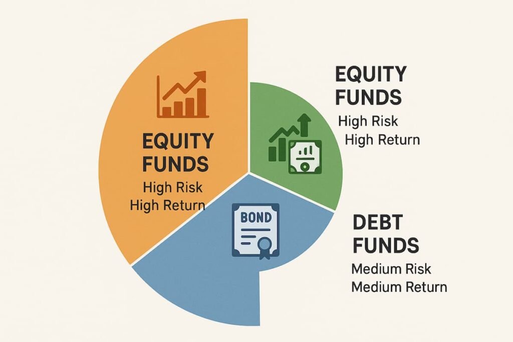 Chart comparing different types of mutual funds: Equity Funds, Debt Funds, and Hybrid Funds, showing risk levels and expected returns