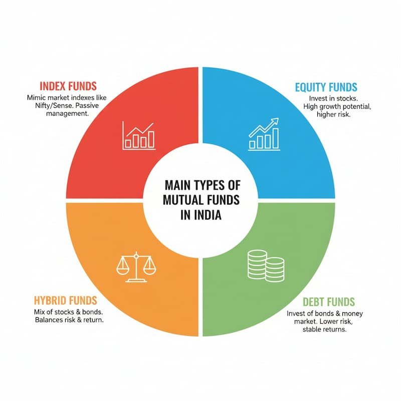 A pie chart or diagram illustrating the different types of mutual funds in India (Equity Funds, Debt Funds, Hybrid Funds, and Index Funds).