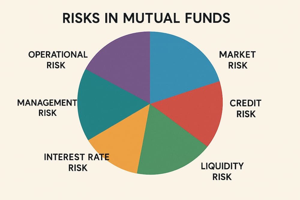 Infographic showcasing different types of risks in mutual funds: market risk, credit risk, liquidity risk, interest rate risk, management risk, and operational risk