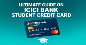 A digital design featuring the 'Ultimate Guide on ICICI Bank Student Credit Card' with bold white text at the top. Below the text, a 3D illustration of the ICICI Bank Student Credit Card in navy blue, displaying an embossed yellow EMV chip and the Mastercard logo. A small graduation cap is positioned at the bottom right corner of the card, symbolizing the student focus of the card. The background features a vibrant teal gradient