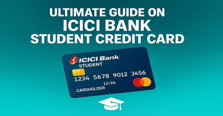 A digital design featuring the 'Ultimate Guide on ICICI Bank Student Credit Card' with bold white text at the top. Below the text, a 3D illustration of the ICICI Bank Student Credit Card in navy blue, displaying an embossed yellow EMV chip and the Mastercard logo. A small graduation cap is positioned at the bottom right corner of the card, symbolizing the student focus of the card. The background features a vibrant teal gradient