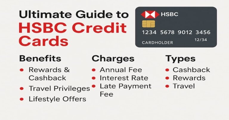 An informative image titled "Ultimate Guide to HSBC Credit Cards," highlighting the features, benefits, charges, types, rewards, and application process. It includes bold white text on an orange background with a circular HSBC credit card icon.