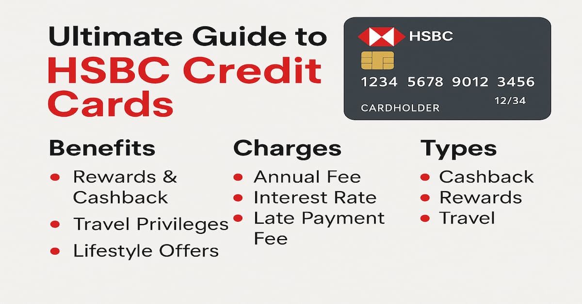 An informative image titled "Ultimate Guide to HSBC Credit Cards," highlighting the features, benefits, charges, types, rewards, and application process. It includes bold white text on an orange background with a circular HSBC credit card icon.