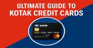 A detailed promotional image titled "Ultimate Guide to Kotak Credit Cards," showcasing the benefits, charges, and application process. The design features bold white text on a background using Kotak Bank's signature red and blue color palette, with a realistic Kotak credit card displaying the official logo.