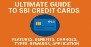 An informative image titled "Ultimate Guide to SBI Credit Cards," showcasing the features, benefits, charges, types, rewards, and application process. It includes bold white text on an orange background and a blue SBI credit card icon