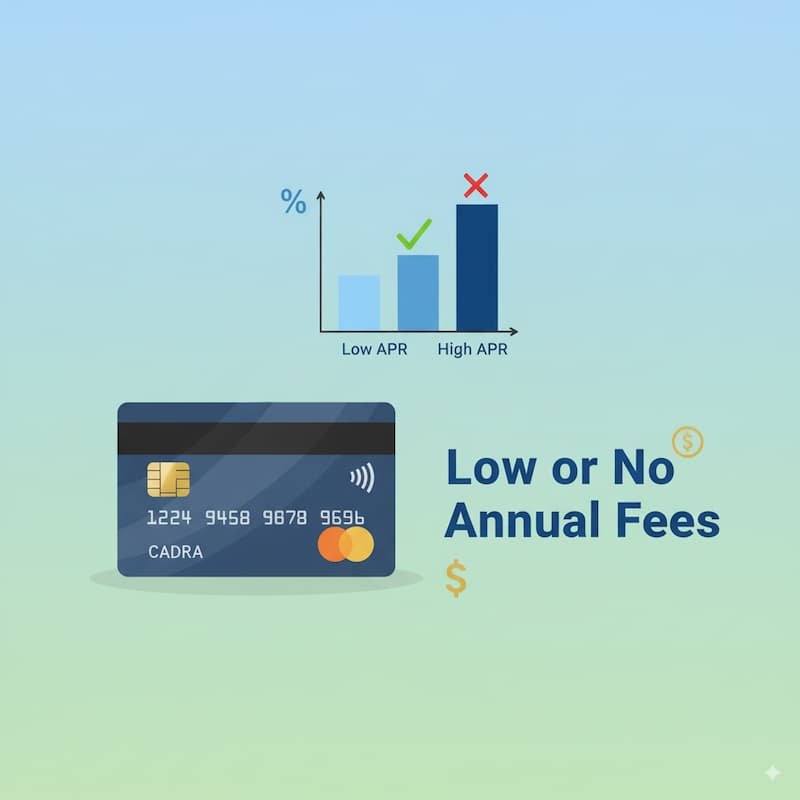 An image illustrating credit card interest rates and fees, featuring a sleek credit card with text 'Low or No Annual Fees' and a graph comparing low vs high APR. The design uses cool tones and subtle finance-related icons to convey trust and value