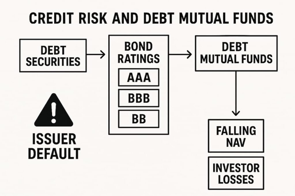 Flowchart explaining how credit risk affects debt mutual funds, showing bond defaults and their impact on the fund’s performance