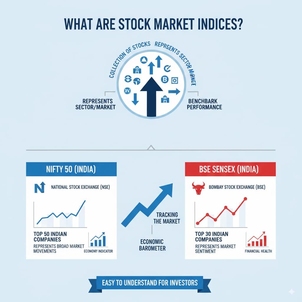 Infographic explaining stock market indices, focusing on Nifty 50 and BSE Sensex, their role in tracking market performance and economic trends