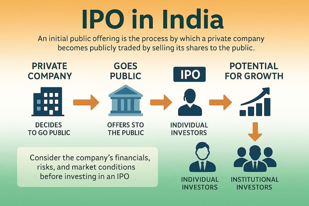 Infographic explaining the Initial Public Offering (IPO) process in India, showcasing the transition from private to public company and highlighting the opportunities for investors