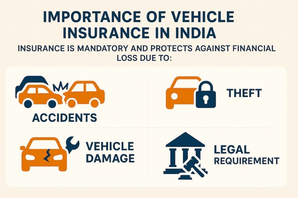 Infographic illustrating the importance of vehicle insurance in India, covering protection against accidents, theft, and damage, with emphasis on its mandatory nature