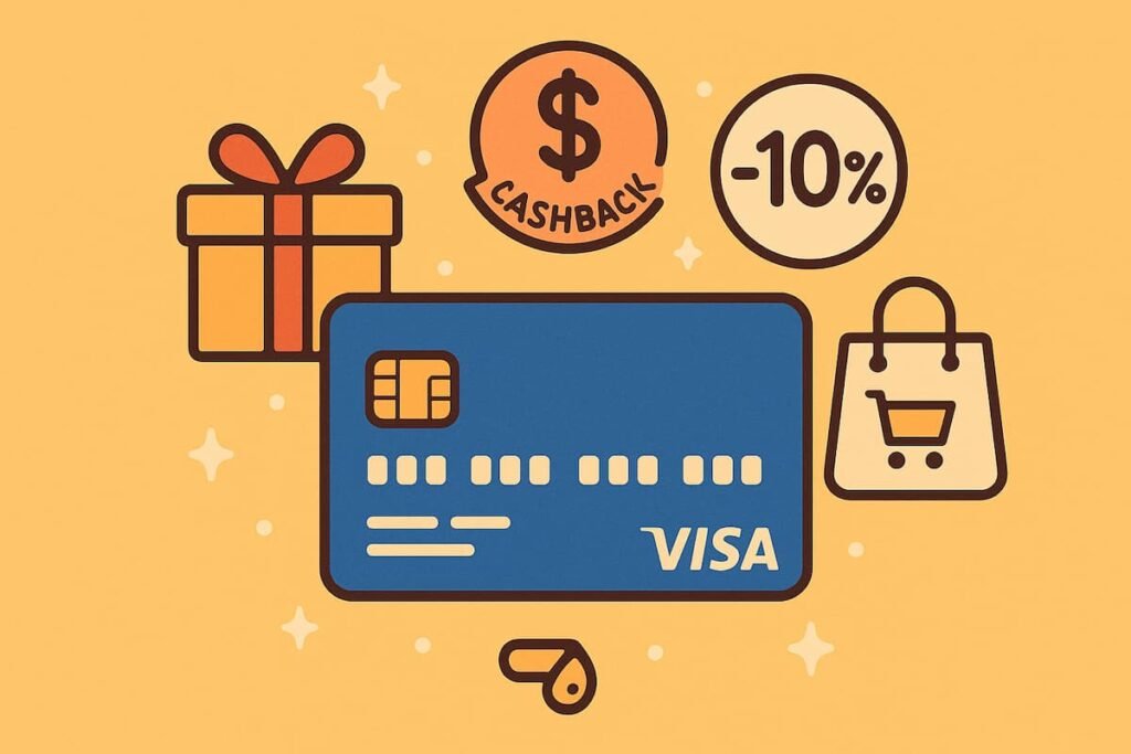 Visual representation of the rewards and cashback benefits of using Visa credit cards, including gift icons and cashback percentages