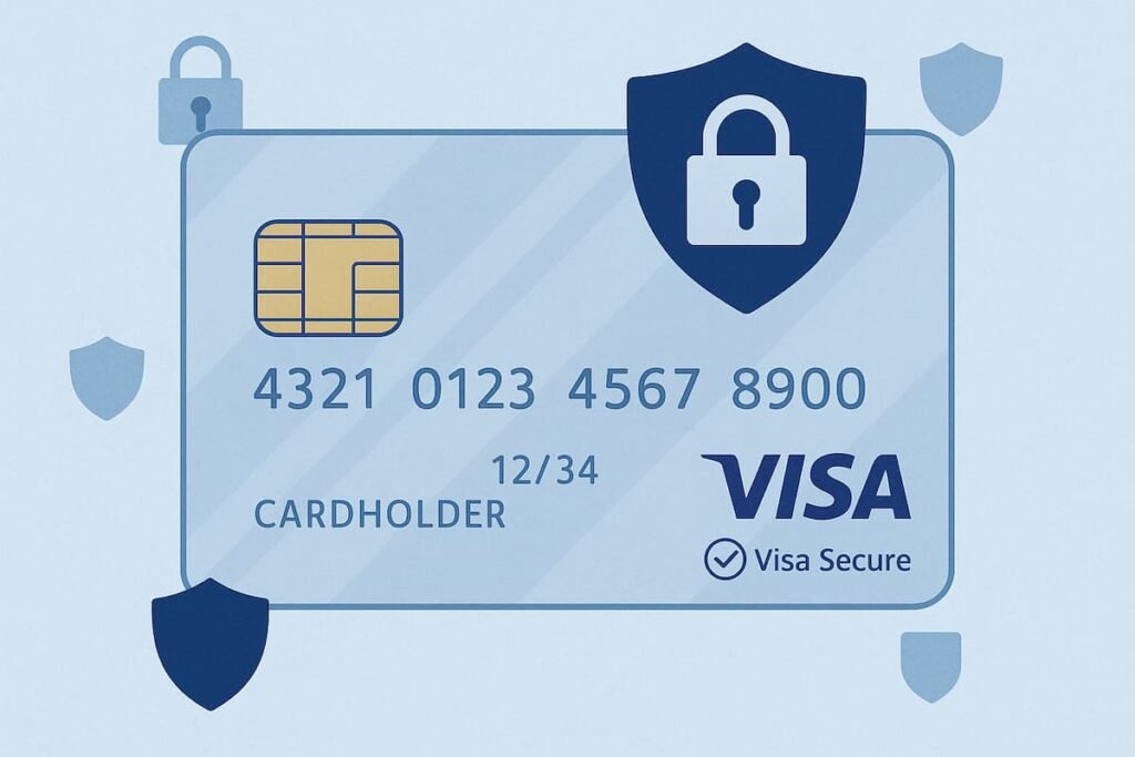 Illustration showing the security features of a Visa credit card, including EMV chip and Visa Secure for fraud protection