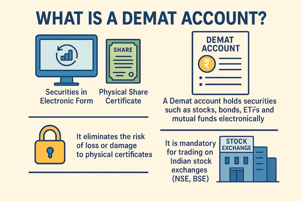 Infographic explaining what a Demat account is and why it is required for trading in Indian stock markets, highlighting the benefits of electronic transactions and security