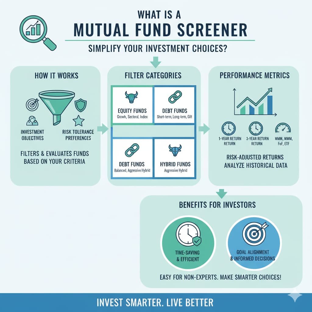 Infographic explaining what a mutual fund screener is, showing how it filters funds based on investment criteria