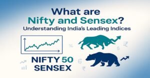Image illustrating Nifty and Sensex, India’s leading stock market indices, with a graph showing market trends, bull and bear symbols, and financial icons representing market movements