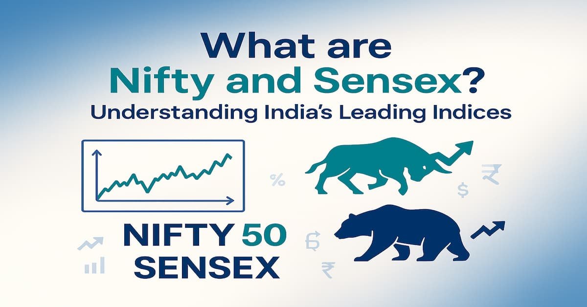 Image illustrating Nifty and Sensex, India’s leading stock market indices, with a graph showing market trends, bull and bear symbols, and financial icons representing market movements