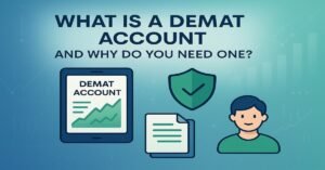Illustration explaining a Demat account, with an image of a digital device showing a Demat account screen, a security shield, and icons representing storage and management of securities