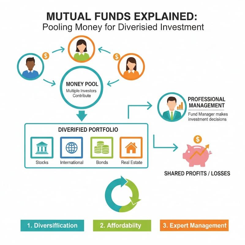 A simple infographic explaining the concept of mutual funds and how they work by pooling money from multiple investors to create a diversified portfolio.