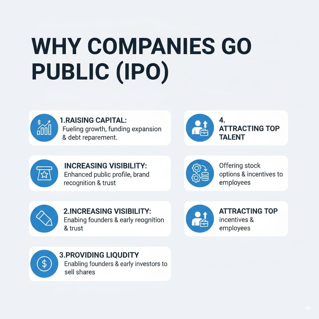 Infographic explaining why companies launch IPOs, including raising capital, increasing market visibility, providing liquidity, and attracting top talent, with relevant icons